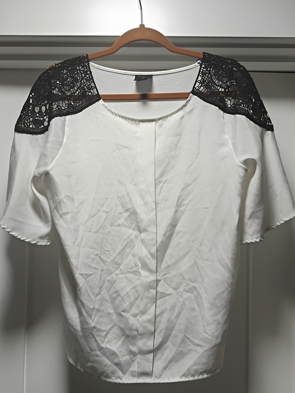 Worthington White Blouse with Black Crochet Shoulders